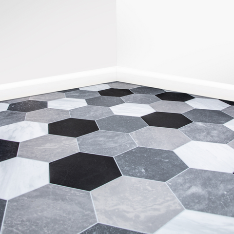 Black & White Venice Tile Vinyl / Lino Roll Flooring 2m & 4m Width Kitchen Bathroom Flooring