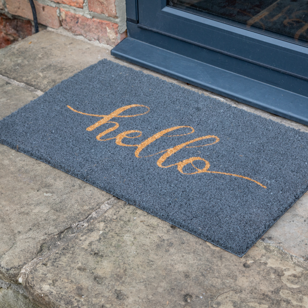 Hello Mat Printed Novelty Hello Sign Grey Coir Door Mat 45cm x 75cm - Indoor and