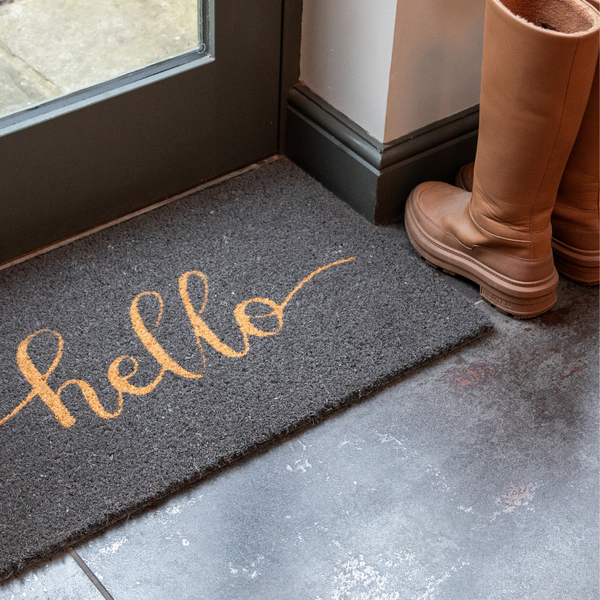 Printed Novelty Hello Sign Grey Coir Door Mat 45cm x 75cm - Indoor and Sheltered Outdoor Use