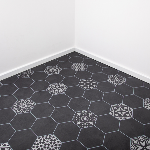 Black Chic Retro Tile Vinyl / Lino Roll Flooring 2m & 4m Width Kitchen Bathroom Flooring
